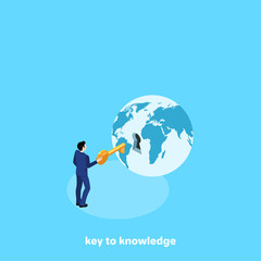 a man in a business suit with a key and a globe with a keyhole, an isometric image