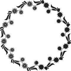 Black and white round frame with floral silhouettes. 