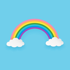 Isolated cartoon rainbow with clouds on the blue background. Paper art style. Minimal and clean design. Vector illustration.