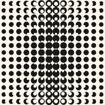 Vector geometric halftone seamless pattern with circles, dots. Monochrome texture. Abstract black and white repeat background with radial gradient transition. Optical illusion effect. Modern design