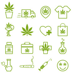 Marijuana, Cannabis icons. Set of medical marijuana icons. Marijuana leaf. Drug consumption, marijuana use. Marijuana Legalization. Isolated vector illustration.