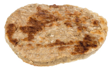 Single grilled hamburger patty isolated on white