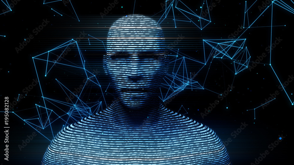 Poster a digital virtual man generated from binary code 3d illustration