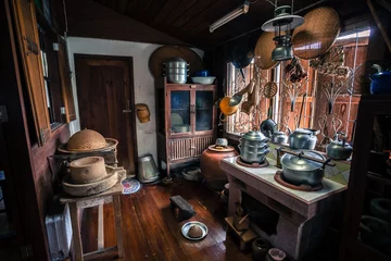 Rolgordijnen Retro Thai style house and kitchen in Uthai-Thani Thailand © piyawatfoto
