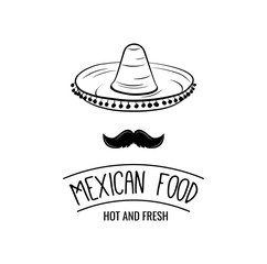 Sombrero and mustache. Mexican food. Mexican traditional cuisine. Vector illustration.