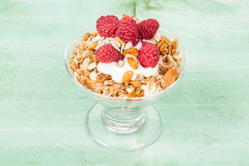 healthy cereal breakfast with greek yogurt and raspberries