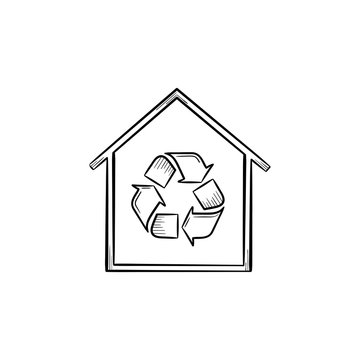 Eco house with recycle symbol hand drawn outline doodle icon