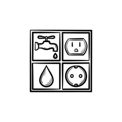 Electricity and water signs hand drawn outline doodle icon. Socket and water drop vector sketch illustration for print, web, mobile and infographics isolated on white background.