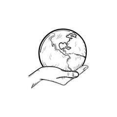 Hand holding the globe hand drawn outline doodle icon. Ecology care and eco friendly concept. Palm with world vector sketch illustration for print, mobile and infographics isolated on white background