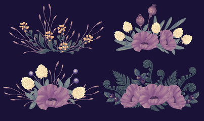 Obraz na płótnie Canvas Night flowers bouquet set