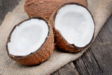 Coconut fruit on rustic table