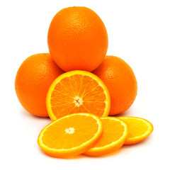 Whole orange fruit and his segments or cantles isolated on white background cutout