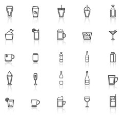 Beverage line icons with reflect on white background
