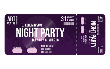 Concert ticket template. Concert, party or festival ticket design template with people crowd on background
