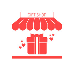 Gift Shop Single Flat Vector Icon. Striped Awning and Signboard