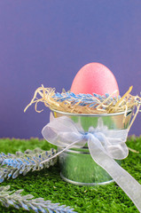 Easter concept - the egg in a decorative pail on the grass with Decker on a bright background.