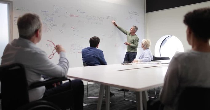 Teacher using white board in adult education course