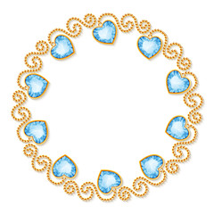 Decorative frame with golden chains and gemstones. Luxury invitation or greeting card template. Vector Illustration.