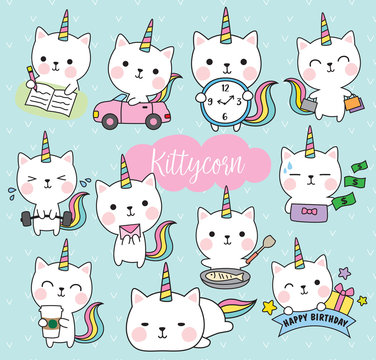 Fototapeta Vector illustration of cute white cat unicorn or caticorn life activity planner including working, shopping, cooking, driving, working out, etc.