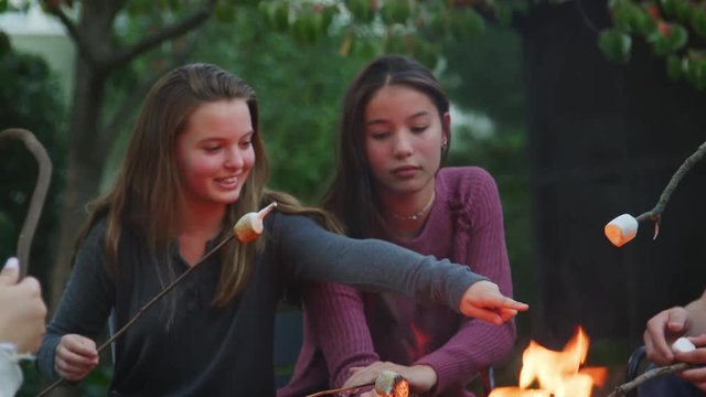 Teenage girlfriends toasting marshmallows at a firepit
