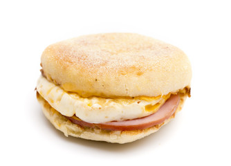Egg, Canadian Bacon and Cheese Breakfast Sandwich on a White Background