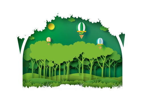 Save eth earth and nature concept paper art style design.Forest plantation with green environment and ecology conservation concept.Vector illustration.