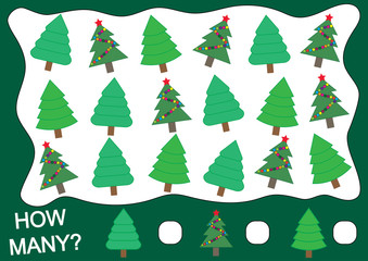 Mathematical game for children. How many Christmas tree (fir). Vector illustration.