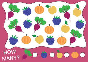 How many fruits, berries and vegetables (apple, blackberry, beet, pumpkin). Learning numbers, mathematics. Counting game for preschool children.