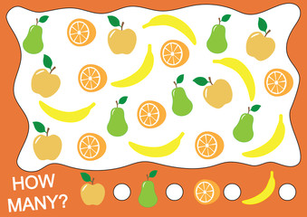 Counting educational game for children. How many fruits (apple, pear, orange, banana). Learning numbers, mathematics.