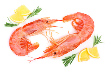 Red cooked prawn or shrimp with rosemary and lemon isolated on white background. Top view. Flat lay