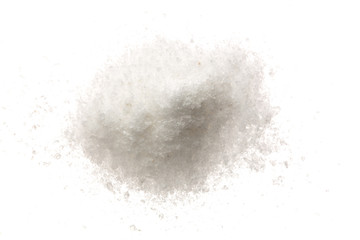Pile of salt crystals isolated over the white background. Top view. Flat lay