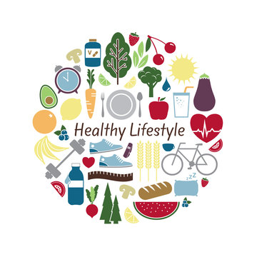 Healthy Lifestyle Concept. Vector illustration of fitness, health, nutrition and well being icons. Symbols for healthy living, exercise, fruits, vegetables and balanced diet on white background.