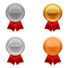 Quality medals, platinum, gold, silver and bronze