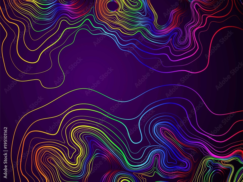 Poster abstract colorful rainbow topographic contours lines of mountains background. topography map art cur