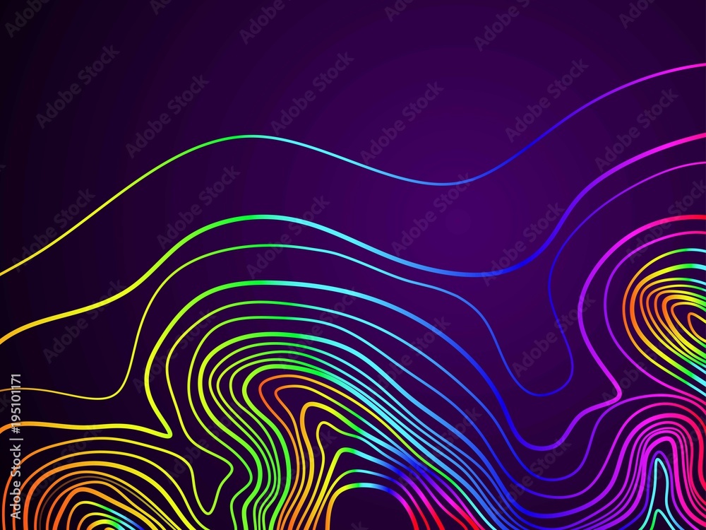 Poster abstract colorful rainbow topographic contours lines of mountains background. topography map art cur