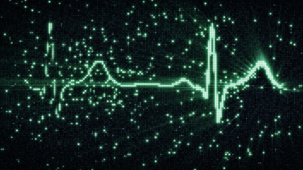 Green EKG electrocardiogram waveform on pixelated screen
