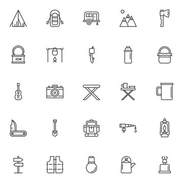 Camping elements outline icons set. linear style symbols collection, line signs pack. vector graphics. Set includes icons as  tent, Inflatable boat with oars, camping trailer, axe