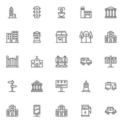 City buildings outline icons set. linear style symbols collection, line signs pack. vector graphics. Set includes icons as Skyscraper, Traffic light, Fountain, Fire station, Court house, Hospital