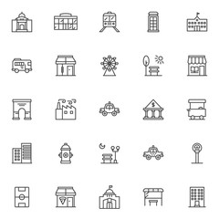 Urban buildings outline icons set. linear style symbols collection, line signs pack. vector graphics. Set includes icons as Mosque building palace, Shopping mall, Barber Shop store, Bus station