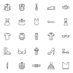 Clothing outline icons set. linear style symbols collection, line signs pack. vector graphics. Set includes icons as shirt, jacket, necktie, shoes, hand watch, dress,purse, Woman underwear Umbrella