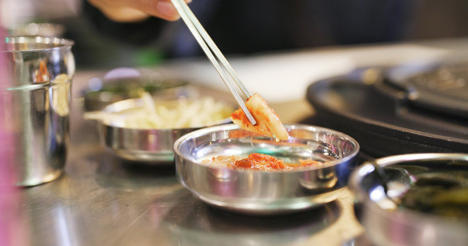 Grilled Korean pork in restaurant