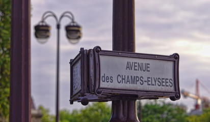 street sign of Champs Elysees boulevard in Paris city, France