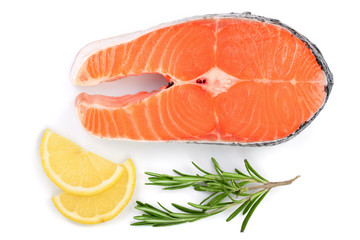 Slice of red fish salmon with lemon and rosemary isolated on white background. Top view. Flat lay