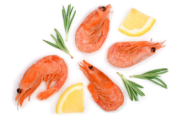 Red cooked prawn or shrimp with rosemary and lemon slice isolated on white background. Top view. Flat lay