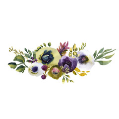 Wedding bridal bouquet. green blue and purple flowers ornament