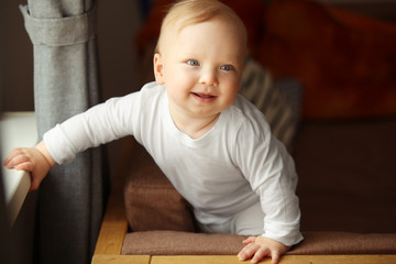 Adorable happy baby with light eyes stands on couch