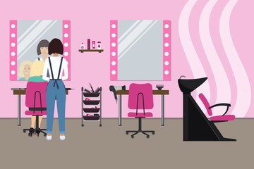 Interior of a hairdressing salon in a pink color. Beauty salon. There is a hairdresser and a client in the hall. There are tables, chairs, a bath for washing the hair, mirrors, hair dryer in the image