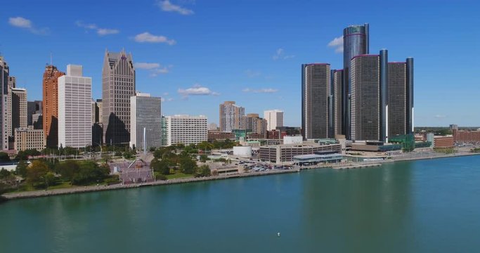 Detroit Waterfront Skyline Aerial Day 3