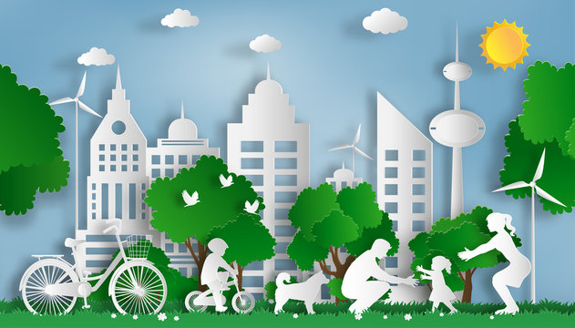 Paper art style of family enjoy fresh air in the park with baby to make first steps on grass, eco green city, flat-style vector illustration.