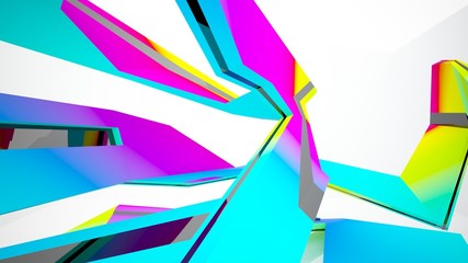 Abstract white and colored gradient  interior multilevel public space with window. 3D illustration and rendering.